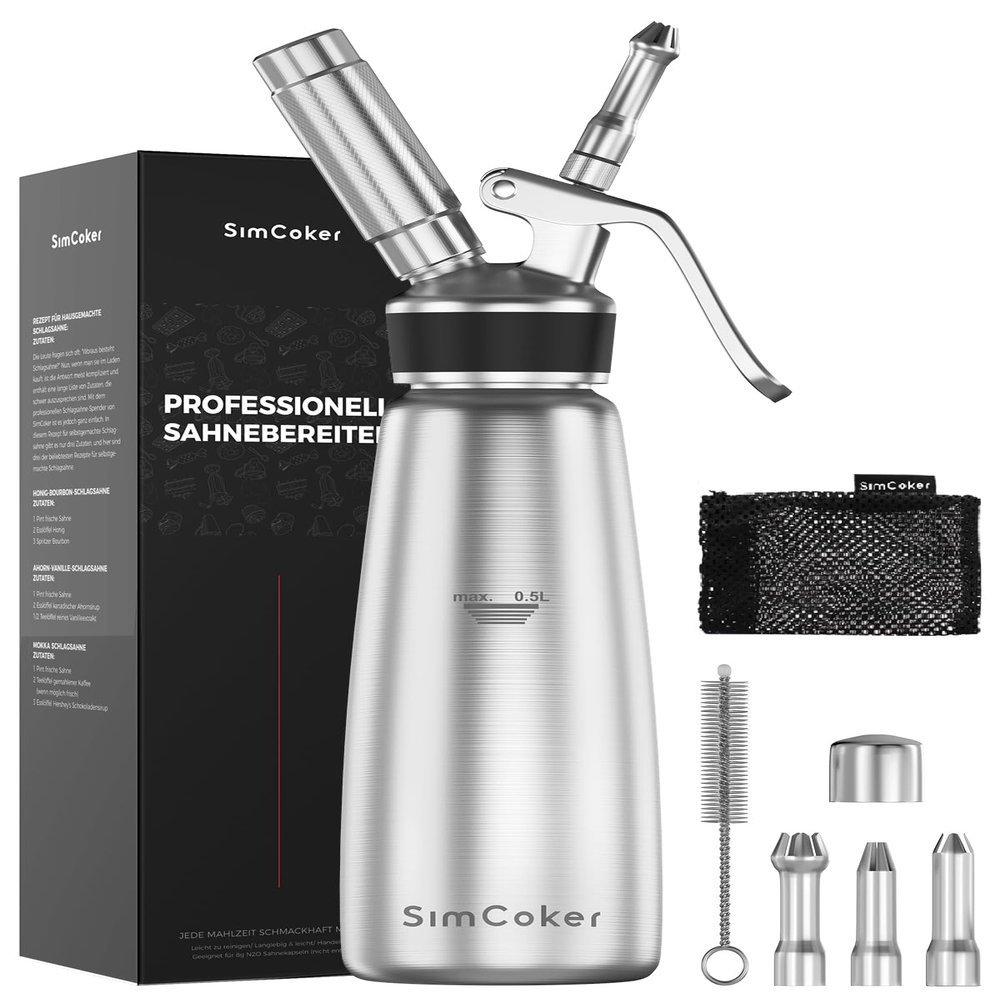 SimCoker 500 ml Stainless Steel Whipped Cream Dispenser, 3 Nozzles, Silver
