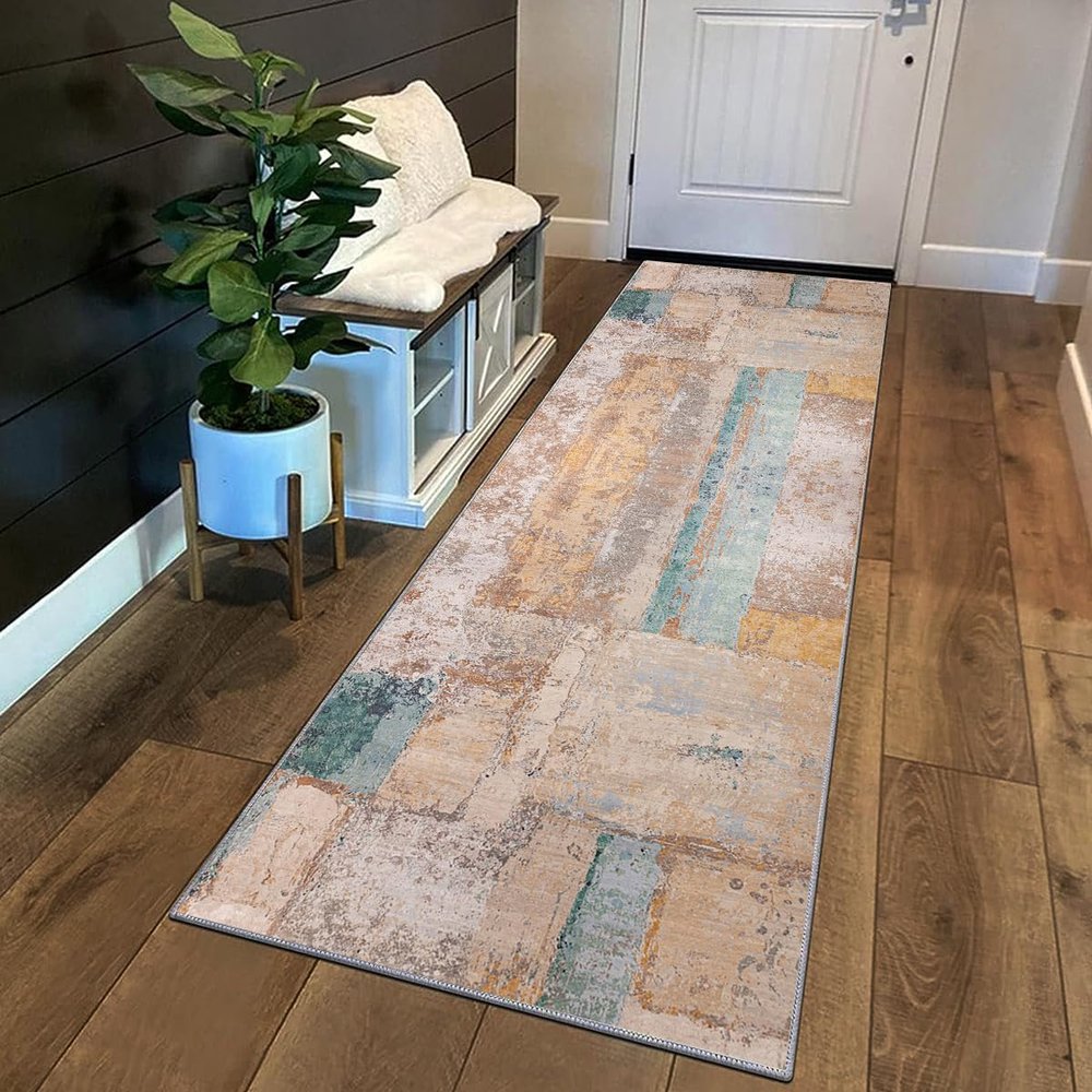 Siunwdiy Vintage Patchwork Runner Rug, Beige-Green-Yellow, Non-Slip, Washable, Customizable, 14.6 x 440 cm