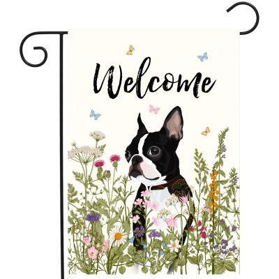 Floral Boston Terrier Garden Flag for Spring and Summer, Double-Sided, 30.5 x 45.7 cm