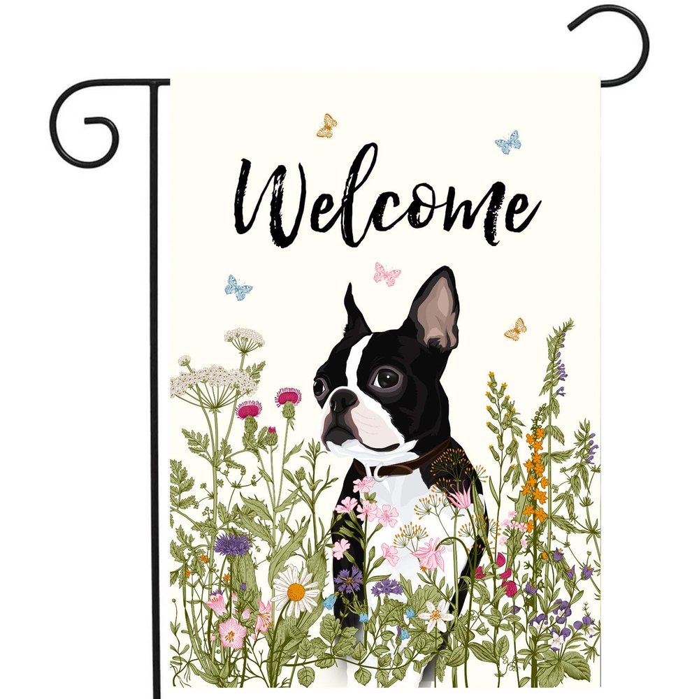 Floral Boston Terrier Garden Flag for Spring and Summer, Double-Sided, 30.5 x 45.7 cm