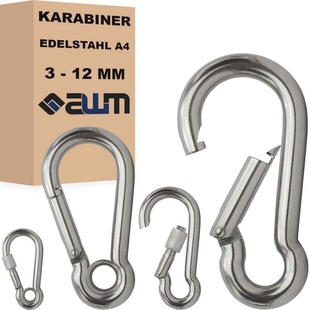 Stainless Steel Carabiner Snap Hook with Thimble and Nut, 5 x 50 mm, up to 390 kg