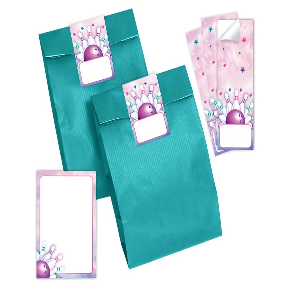 Girls’ Birthday Party Favors: 6 Mini Notebooks, 6 Teal Gift Bags and 6 Bowling Stickers