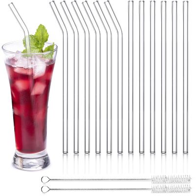 Reusable Glass Straws, 20.3 x 8 mm, Curved, with 2 Cleaning Brushes, 12-Pack