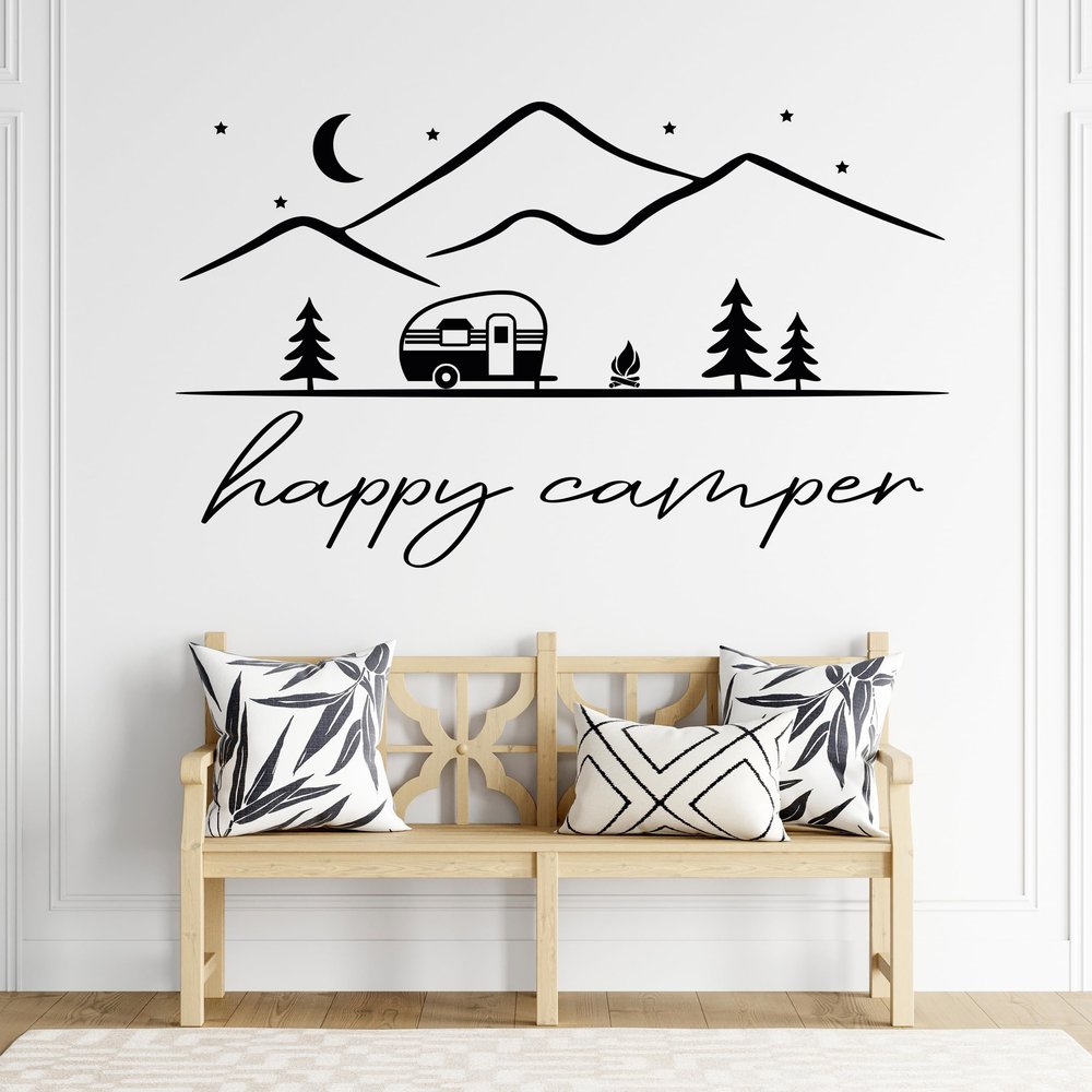 GRAZDesign Happy Camping Wall Decal for Campers and Travelers, Indoor/Outdoor, 95 x 57 cm, Light Pink