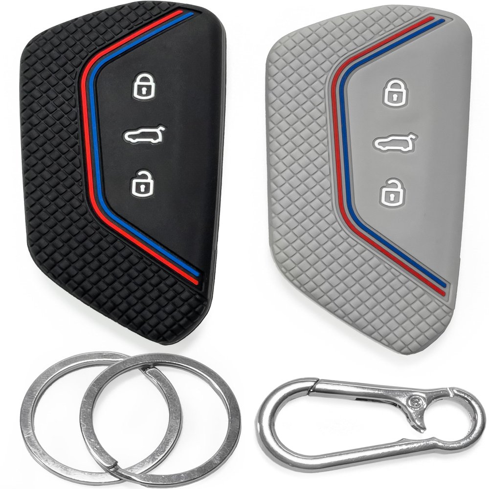 Click&Fit Silicone Car Key Covers, Compatible with VW Golf MK8, Polo, Tiguan 2020+, ID.3, ID.4, Skoda Octavia, Kodiaq 2020+, Seat, 3-Button Remote Keys, Non-Slip, Black and Gray, 2-Pack