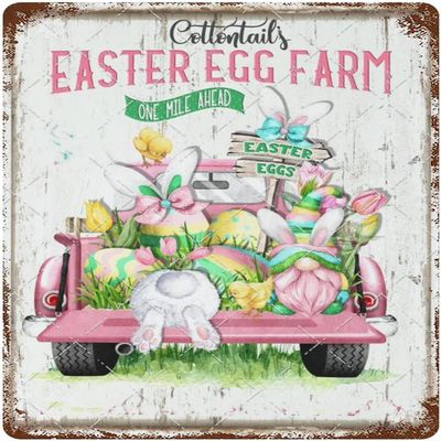 Metal Tin Sign, Easter Egg Truck with Farmhouse Flower and Bunny Tail