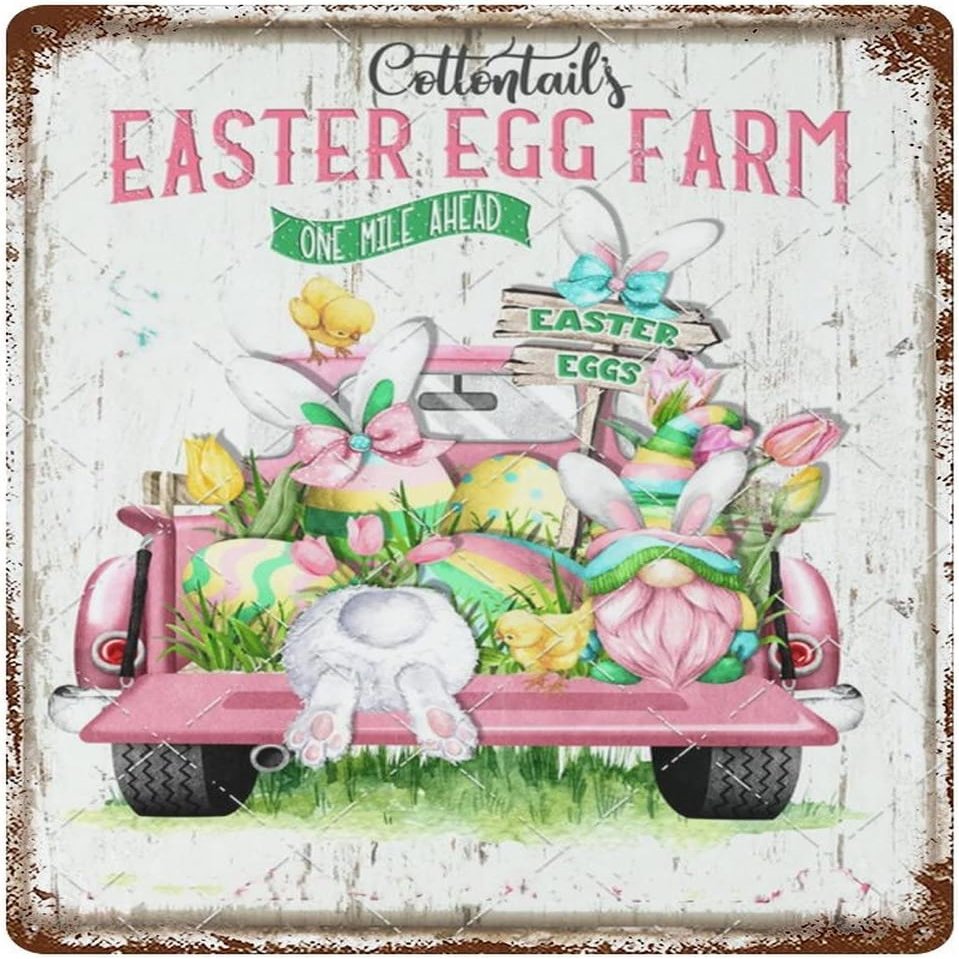 Metal Tin Sign, Easter Egg Truck with Farmhouse Flower and Bunny Tail