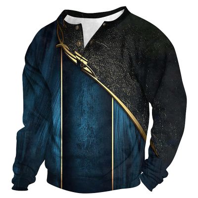 KONG JIMFAN Men's Striped Long-Sleeve Henley Shirt, Royal Blue, 3XL