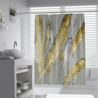 SHUODAOCO Luxury Gold & Gray Feather-Print Shower Curtain with Hooks, 180 W x 275 L cm