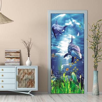 2-Piece Self-Adhesive Ocean Dolphin Door Wallpaper, Removable, 77 x 200 cm