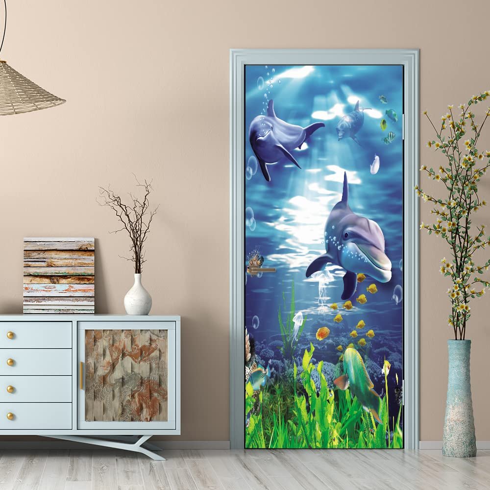 2-Piece Self-Adhesive Ocean Dolphin Door Wallpaper, Removable, 77 x 200 cm