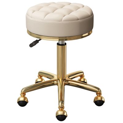 Round Rolling Bar Stool, Modern Swivel Chair for Home, Beauty Salons, and Spas, with Metal-Titanium Frame and Ball Casters, Height-Adjustable 47–64 cm (Off-White)