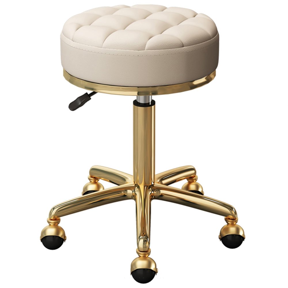 Round Rolling Bar Stool, Modern Swivel Chair for Home, Beauty Salons, and Spas, with Metal-Titanium Frame and Ball Casters, Height-Adjustable 47–64 cm (Off-White)