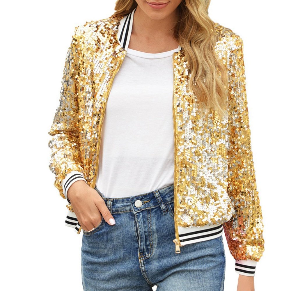 ZDSUHYIW Women's Sequin Bomber Jacket, Slim-Fit Glitter Party Cardigan
