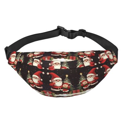 Merry Christmas Printed Waist Bag, Waterproof, 3 Zipper Pockets, Black, One Size