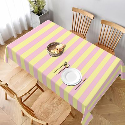 Soft Yellow and Delicate Pink Rectangular Tablecloth with Burgundy and Cream Stripes