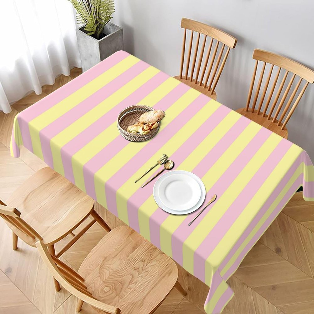 Soft Yellow and Delicate Pink Rectangular Tablecloth with Burgundy and Cream Stripes