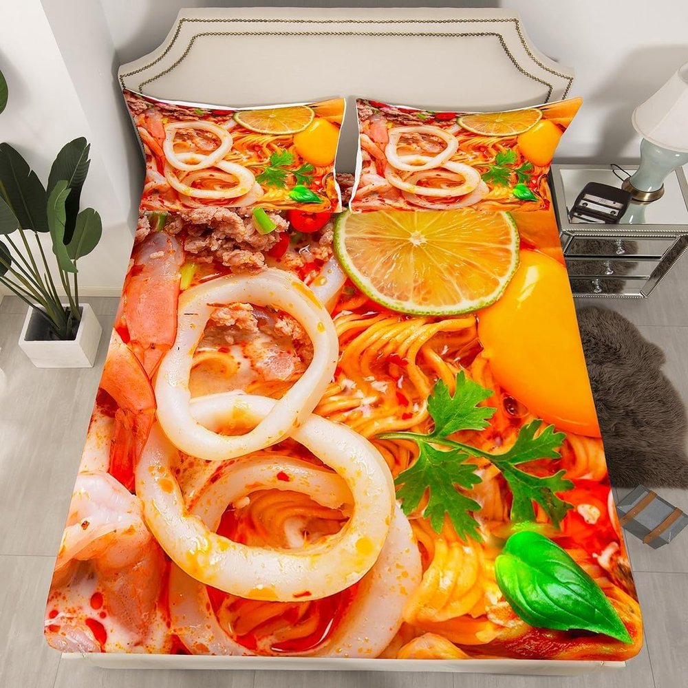 Essen Fitted Sheet 160 x 200 cm, Soft Microfiber Sheet for Adults, 3D Noodle Design, 30 cm Deep Pocket with 1 Pillowcase
