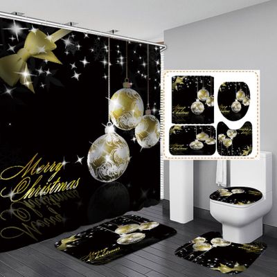 Golden White Black 4-Piece Shower Curtain and Bathroom Mat Set