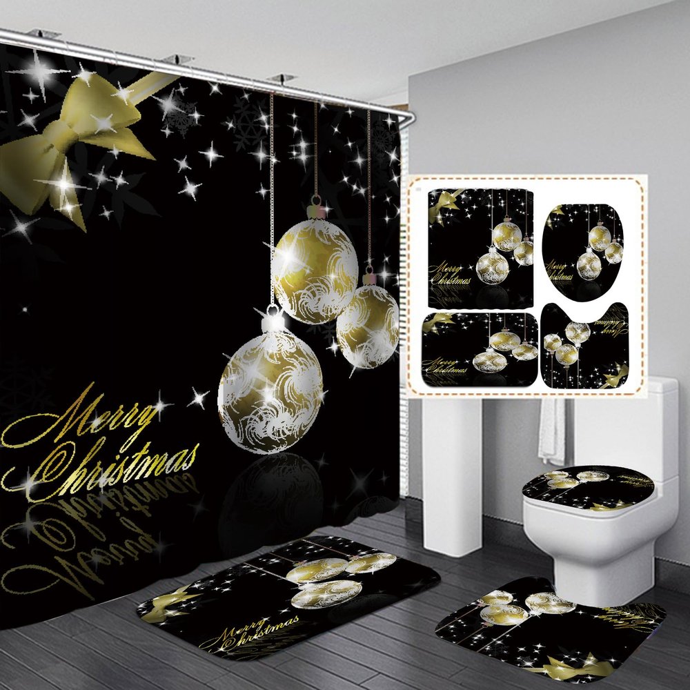 Golden White Black 4-Piece Shower Curtain and Bathroom Mat Set