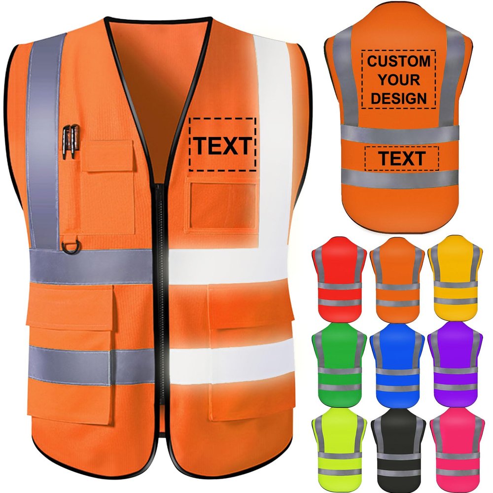 Nevaou Personalized High-Visibility Safety Vest for Men with Logo, Orange, XXL–6XL