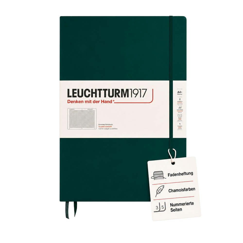 LEUCHTTURM1917 370266 Master Classic Notebook (A4+), Hardcover, 235 Numbered Pages, Forest Green, Grid-Ruled