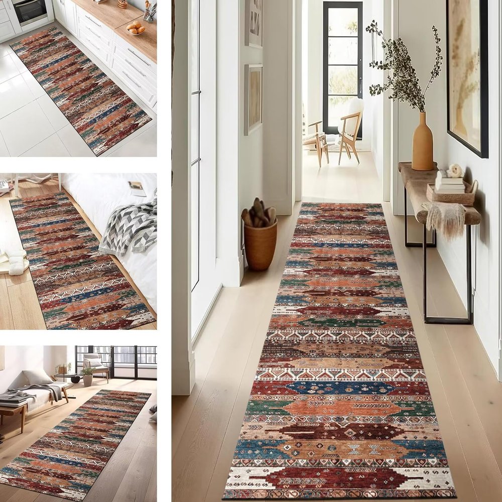 SUCERU Hallway Runner Rug, Non-Slip Washable Polyester, 100 x 500 cm, Red-Orange