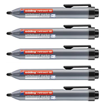 Edding Retract 12 Whiteboard Marker, Black, Round Tip, 1.5–3 mm, 5-Pack