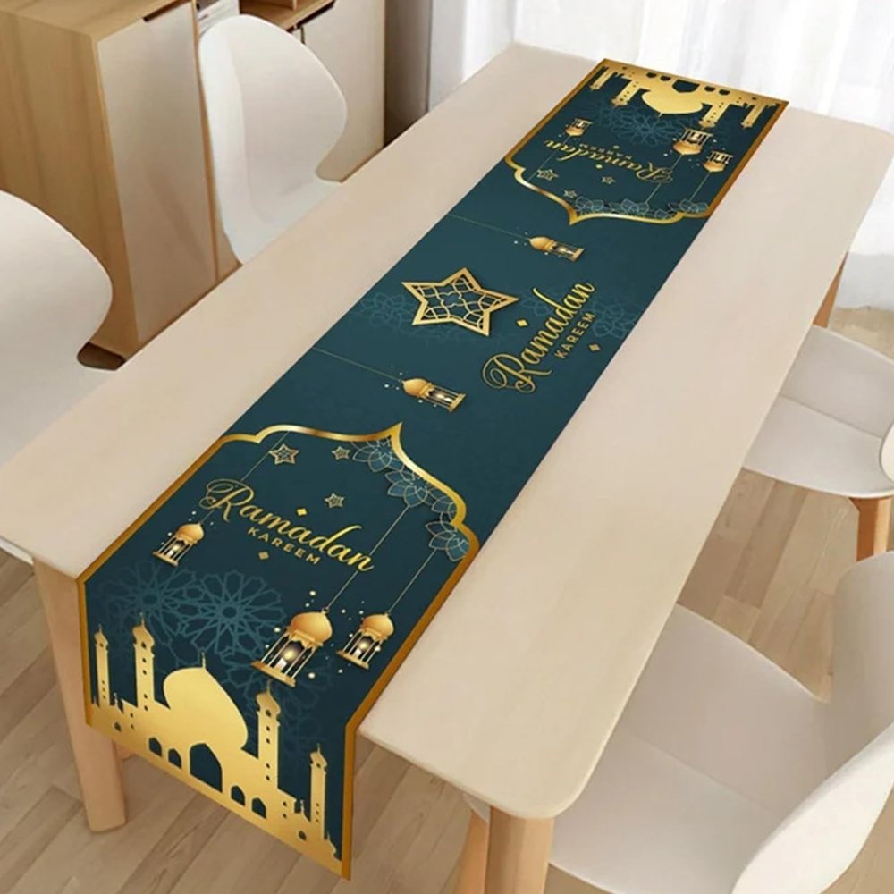 Multicolor Ramadan Table Runner, Green, with Gold Stars, Moon, Lanterns & Mosque Design