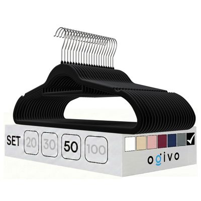 OGIVO Velvet Hangers, Set of 50 (Black), 360° Rotating Hook, Non-Slip