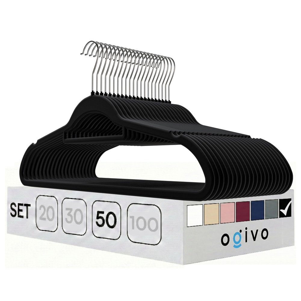 OGIVO Velvet Hangers, Set of 50 (Black), 360° Rotating Hook, Non-Slip