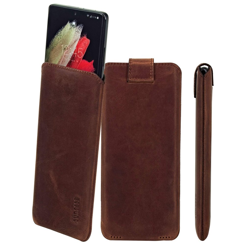 Suncase Genuine Leather Pouch for Xiaomi Redmi Note 13 5G, Slim Edition, Pull-Tab & Magnetic Closure, Antique Coffee