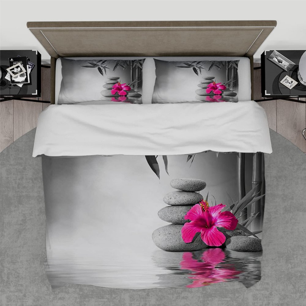 Wewoo Home Gray Duvet Cover Set with Red Orchid Spa Design, 3-Piece, 240 x 220 cm