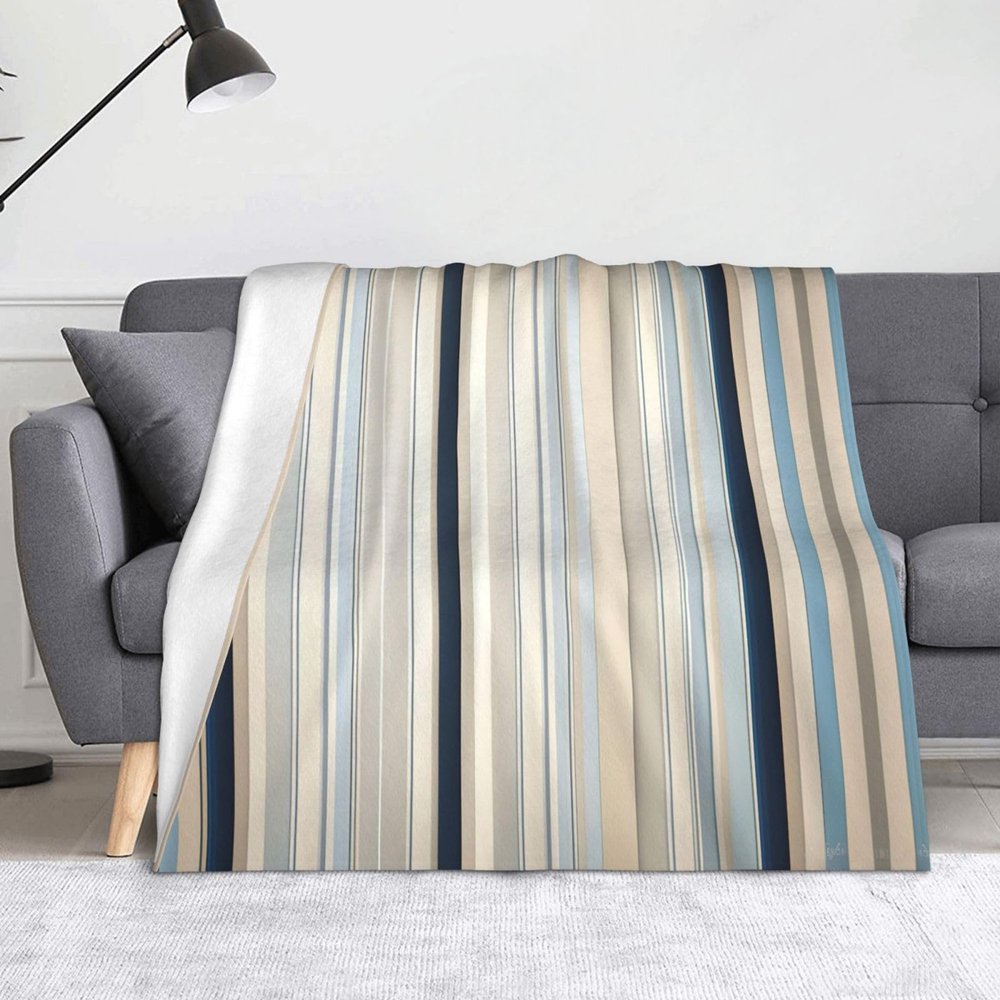 Fleece Throw Blanket, Soft and Warm, Blue-Beige Stripes, 60 x 50 cm