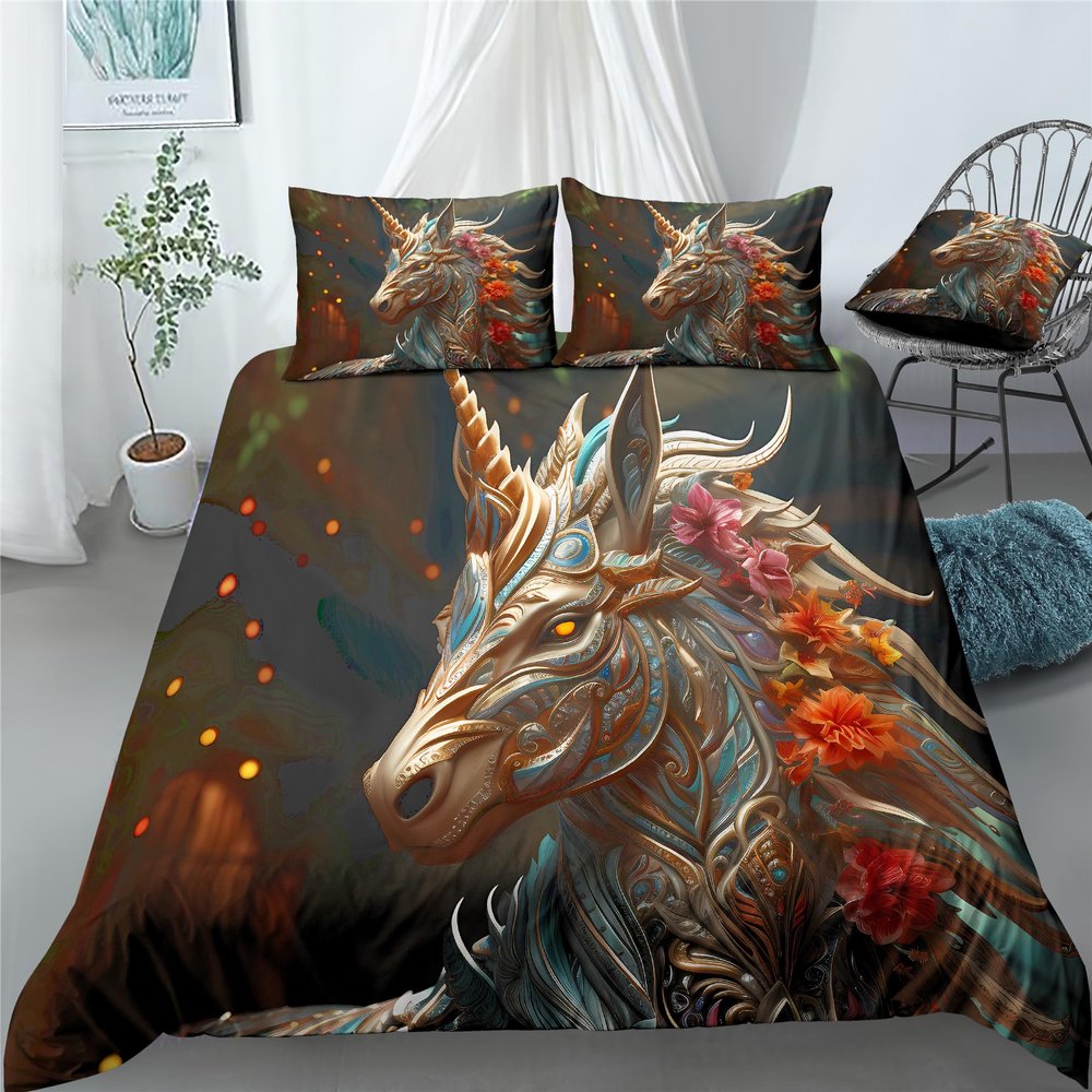 REALIN Bedding Wild Unicorn Duvet Cover Set, 4-Piece, Single 140 x 210 cm