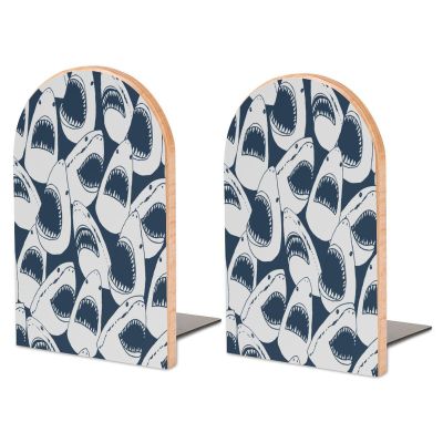 Quteprint Large Wooden Bookends, Ocean Shark Pattern, Non-Slip, 2-Pack