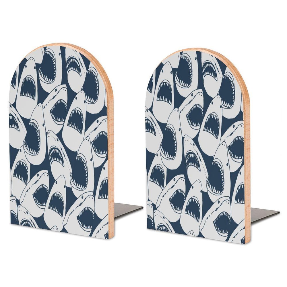 Quteprint Large Wooden Bookends, Ocean Shark Pattern, Non-Slip, 2-Pack