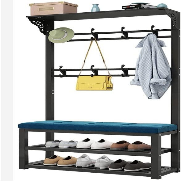 Metal Garment Rack with Hooks, Bench and Shelves, Matte Black, 100 cm