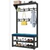 Metal Garment Rack with Hooks, Bench and Shelves, Matte Black, 100 cm view 2