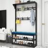 Metal Garment Rack with Hooks, Bench and Shelves, Matte Black, 100 cm view 3