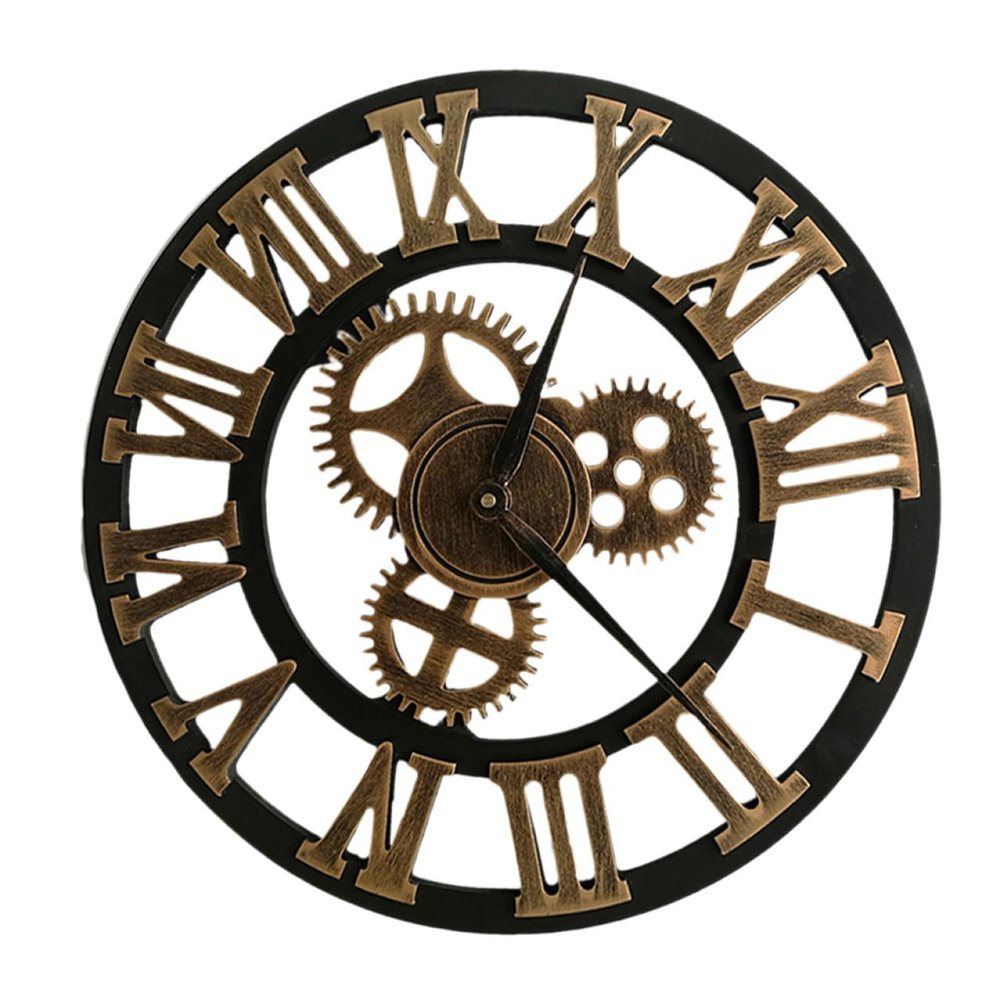 MAGICLULU Gold-Colored Metal and Wood Gear-Design Wall Clock