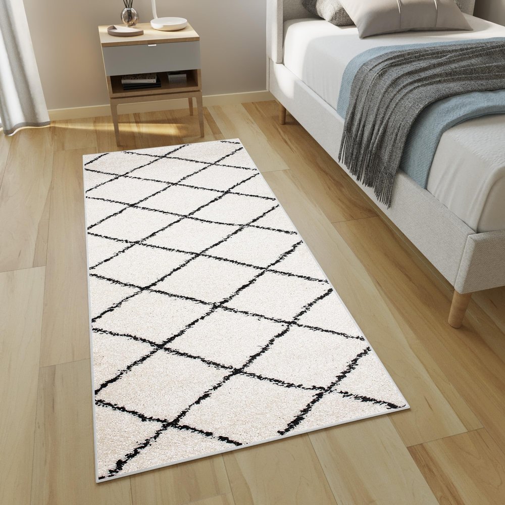 TAPISO Delhi Shaggy Runner Rug, Cream/Black Checkered Boho Design, 120 x 270 cm