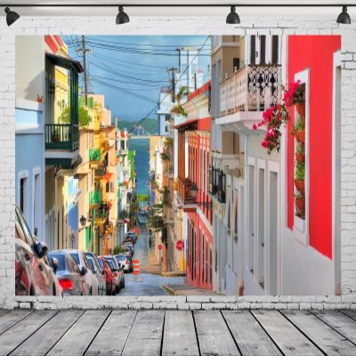 CORFOTO 4.5 x 3 m Fabric Photography Backdrop, Colorful Buildings and Street Scene, San Juan, Puerto Rico