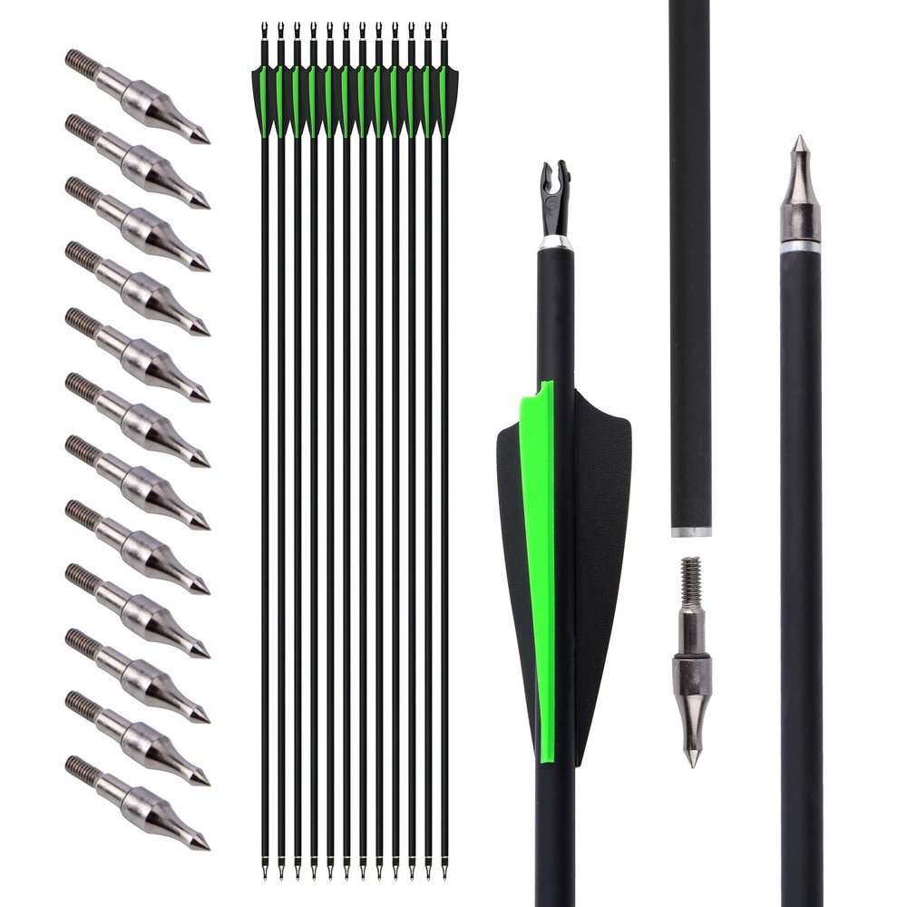 surwolf 31.5" Carbon Archery Arrows, Spine 500, Removable Tips, for Compound, Recurve & Long Bows (Green, 24)