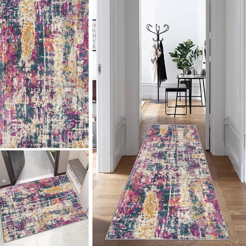 Mogetal Colorful Abstract Runner Rug for Hallway or Kitchen, Washable, 120 x 100 cm
