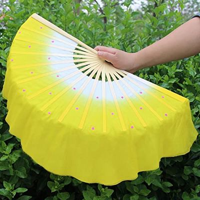 2-Piece Chinese Short Belly Dance Folding Fans, 30 cm Bamboo + 10 cm Semicircular Silk Veil, Yangko Dance Fans, Hand-Dyed Adult Fans (Gold Right/Left, Sea Blue Right...)