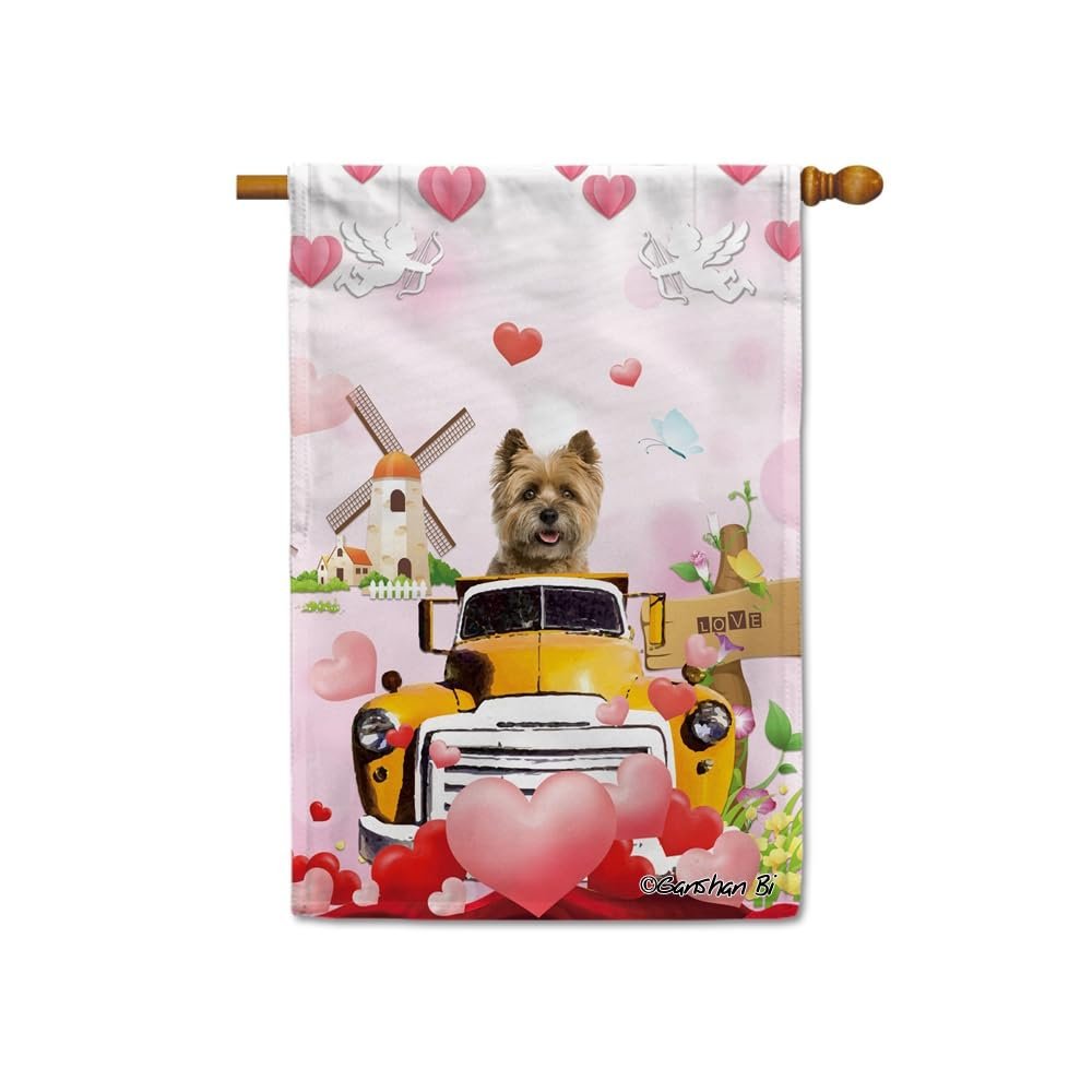 Cairn Terrier Dog Driving a Car Valentine's House Flag with Love Hearts, Double-Sided Decorative Banner for Yard, Patio, and Outdoors, 28 x 40 in
