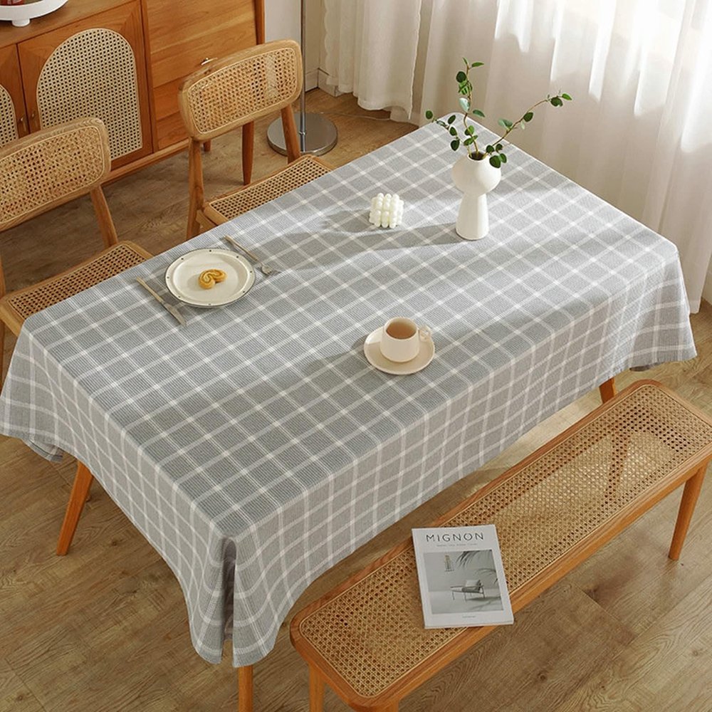 Mesnt Plaid Cotton-Linen Tablecloth, Gray, 100 x 160 cm