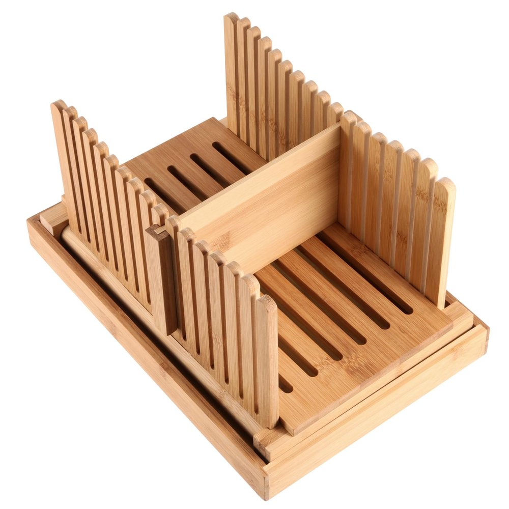 MAHIONG Bamboo Bread Slicer, Adjustable Folding Guide with Crumb Tray, 31.7 x 23.7 x 19 cm