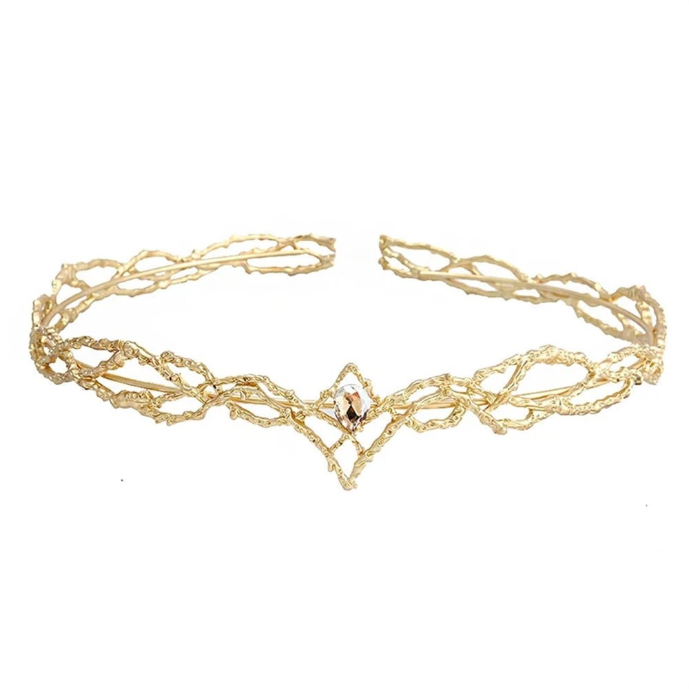 Elf Crown Headpiece with Water-Drop Zircon, Tiara and Elf Ears Set, Gold Champagne